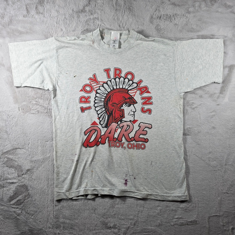 Screen Stars Troy Trojans DARE‎ T-Shirt Mens XL Grey Vintage 90s Single Stitch